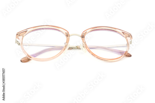 Pink frame clear glasses on white background