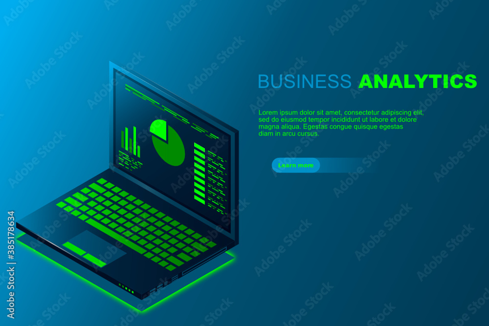 Concept business strategy, Web banner with laptop, Analysis data and Investment, Technology theme, Financial review with laptop and infographic elements, 3d isometric, Vector illustration. Concept business strategy, Web banner with laptop, Analysis data and Investment, Technology theme, Financial review with laptop and infographic elements, 3d isometric, Vector illustration.