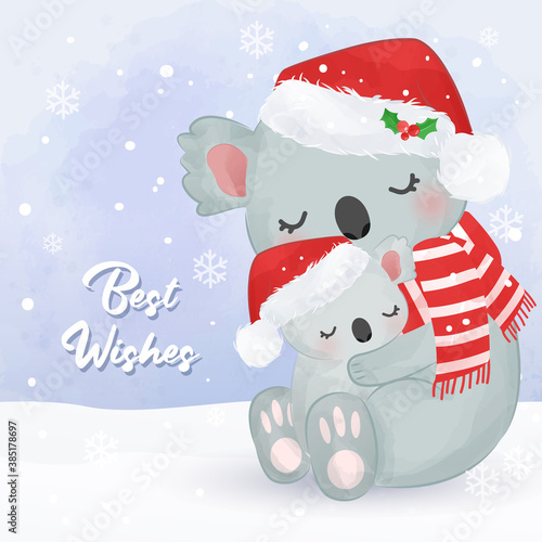 Christmas greeting card with koala illustration. Cute christmas greeting card.