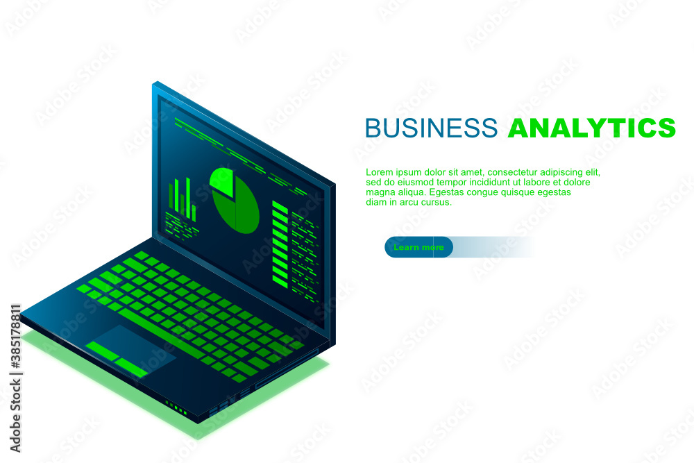 Concept business strategy, Web banner with laptop, Analysis data and Investment, Technology theme, Financial review with laptop and infographic elements, 3d isometric, Vector illustration. Concept business strategy, Web banner with laptop, Analysis data and Investment, Technology theme, Financial review with laptop and infographic elements, 3d isometric, Vector illustration.