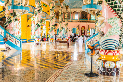 Interior and decoration inside a Cao Dai Temple in Tay Ninh province  near ho chi minh city  Vietnam