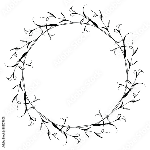 Round floral frame with delicate branches of eucalyptus or willow tree. Black silhouette on white background.