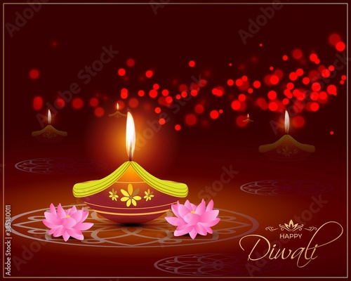 Vector greeting of Happy Diwali, Dipawali, Indian festival, festival of lights, diya lamp, oil lamp and lotus on beautiful pattern, colorful bokeh background.