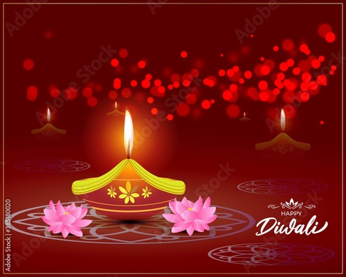 Vector greeting of Happy Diwali, Dipawali, Indian festival, festival of lights, diya lamp, oil lamp and lotus on beautiful pattern, colorful bokeh background.