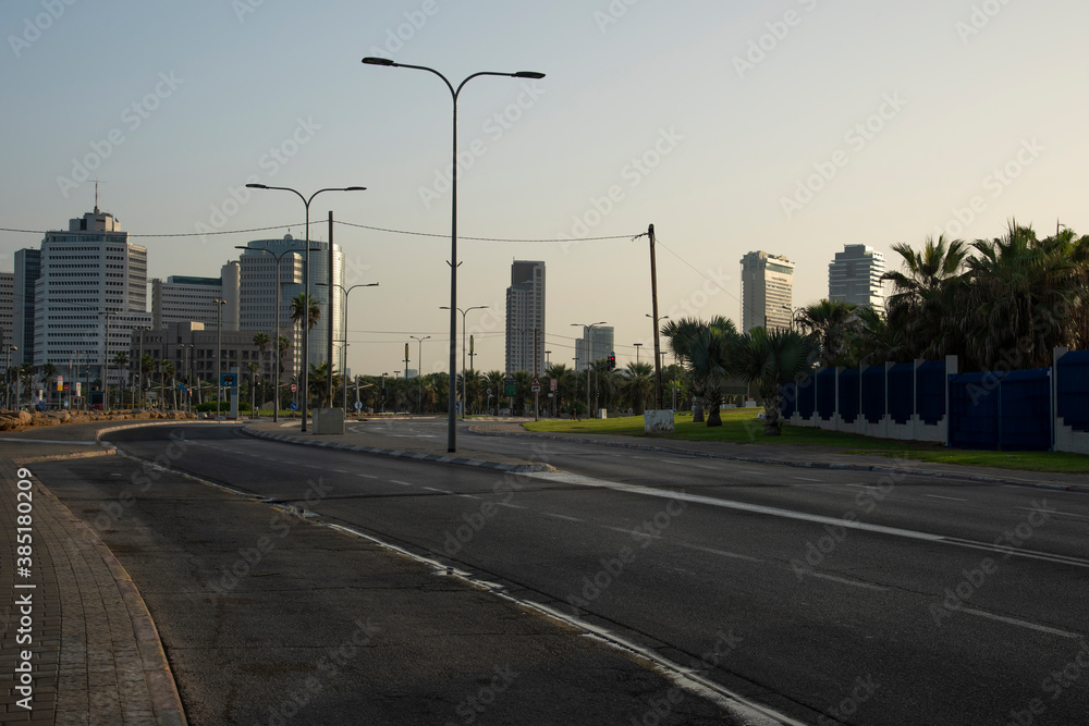 ISRAEL, Tel Aviv - 28 September 2020: Empty streets during Coronavirus quarantine. Empty streets during Covid 19 pandemic. No people. No Business, No market. Coronavirus crisis lockdown. Yom Kippur