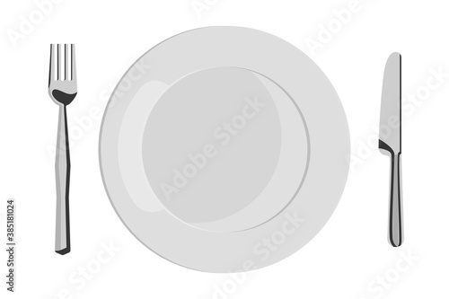 Empty white plate with fork and knife in flat design