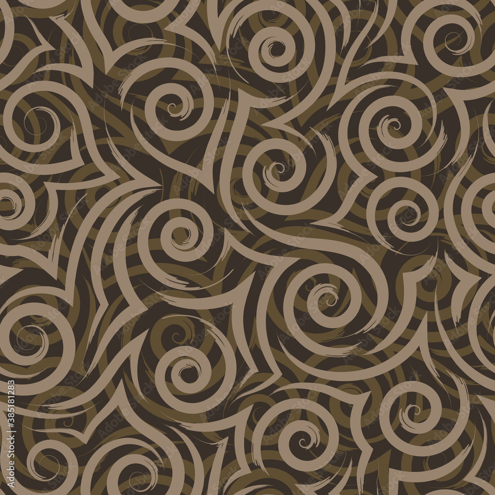 Seamless vector texture of flowing beige brush strokes of spirals and curls on brown background sea or ocean pattern stylized waves or ripples on water. Seamless vector texture of flowing beige brush strokes of spirals and curls on brown background sea or ocean pattern stylized waves or ripples on water.