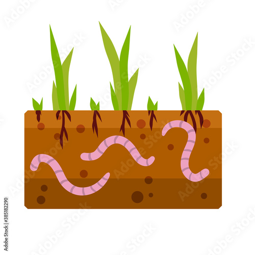 Worms under the ground. Insects in soil. Fishing bait. Green grass. The biosphere and nature. Flat cartoon illustration. Brown earth with small pink animals