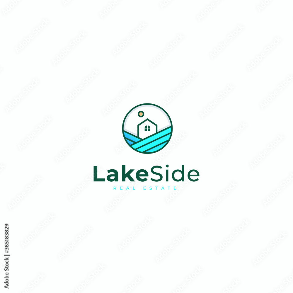 Lake and house logo design. Vector house logo with blue wave. Rent house near lake. holidays, water sign. Line house and water logotype Lake and house logo design. Vector house logo with blue wave. Rent house near lake. holidays, water sign. Line house and water logotype