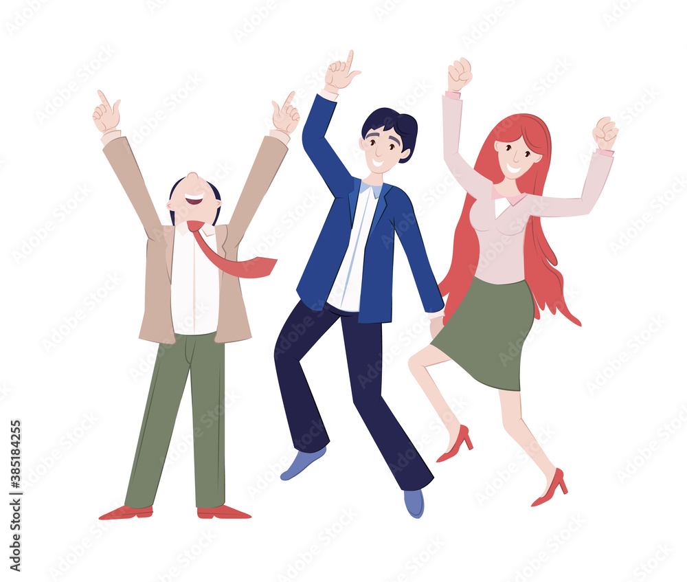 Naklejka premium Team celebrates success. Successful working colleagues with prize. Business teamwork group employee of happy people, jumping, celebrating victory together. Achievement reward, winning characters