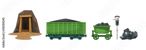 Mining industry equipment. Coal mine, wagons with coal, coal cart, diamonds, jackhammer cartoon vector