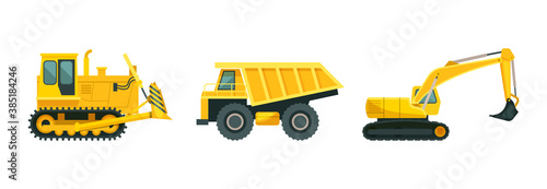 Modern heavy mining equipment - excavator, tractor, dump truck. Industrial vehicles, machines, coal mining and professional earthworks. Mining technics and transportation vehicles vector