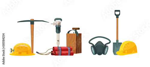 Mining industry equipment. Jackhammer, pickaxe, shovel, miner's helmet, helmet with lantern, explosives with a detonator, industrial respirator, cartoon vector