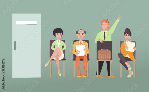 Unemployed people in crisis, sit in line for an interview on vacant job. Men, women outside boss's office door. People in search of work. Job interview, recruitment. Competition of people for jobs