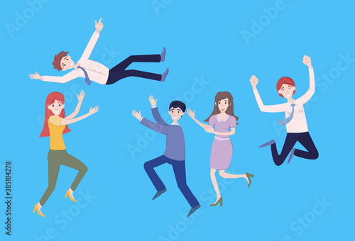 Team celebrates success. Successful working colleagues with prize. Business teamwork group employee of happy people, jumping, celebrating victory together. Achievement reward, winning characters