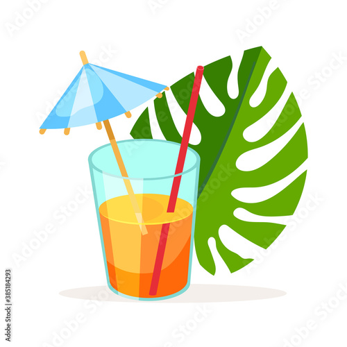 Fresh fruit juice in glass with tube and decorative umbrella.