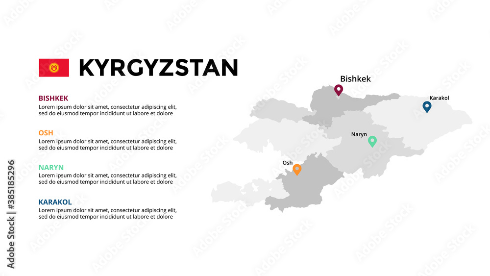 Kyrgyzstan vector map infographic template. Slide presentation. Global business marketing concept. Asia country. World transportation geography data. 