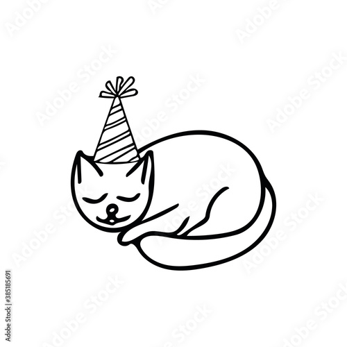 Cute cat sleep sketch hand drawn in doodle. scandinavian, scandinavian, minimalism, monochrome. single element for design. holiday, birthday, animal, card, sticker, poster, icon.  animal pet kitten
