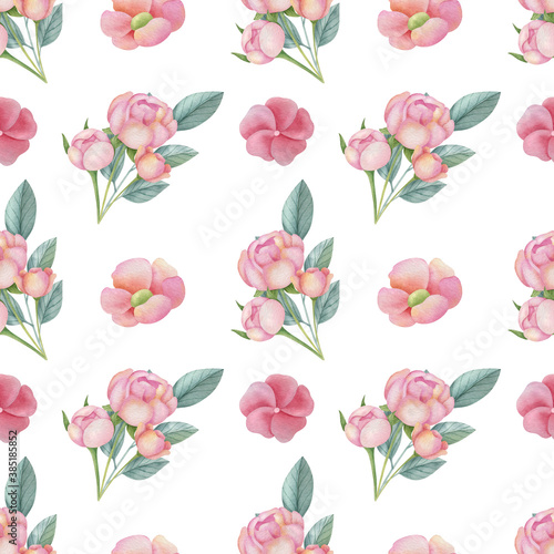 Watercolor floral seamless pattern on the light background. Hand-painted illustration with elegant flowers, leaves and buds..