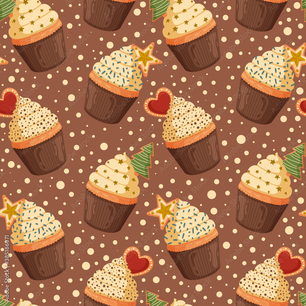 Christmas seamless pattern with sweet cupcakes. Design for Holidays decoration, wrapping paper, print, fabric or textile. Vector illustration. Christmas seamless pattern with sweet cupcakes. Design for Holidays decoration, wrapping paper, print, fabric or textile. Vector illustration.