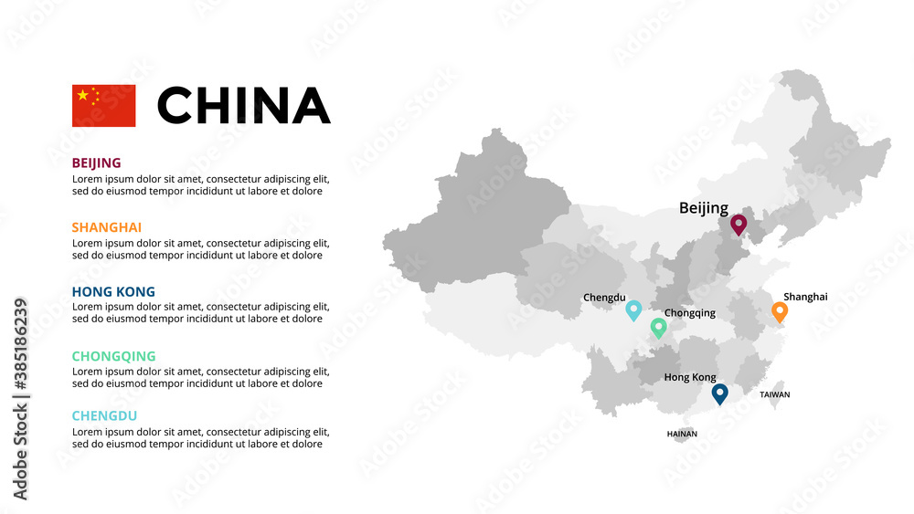 China vector map infographic template. Slide presentation. Beijing, Shanghai, Hong Kong, Chongqing, Chengdu. Asia country. World transportation geography data. 