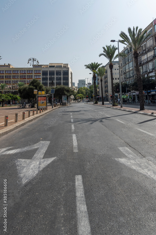 ISRAEL, Tel Aviv - 28 September 2020: Empty roads of central Tel Aviv city during Yom Kippur. Empty streets during Coronavirus quarantine. No Cars Day. 