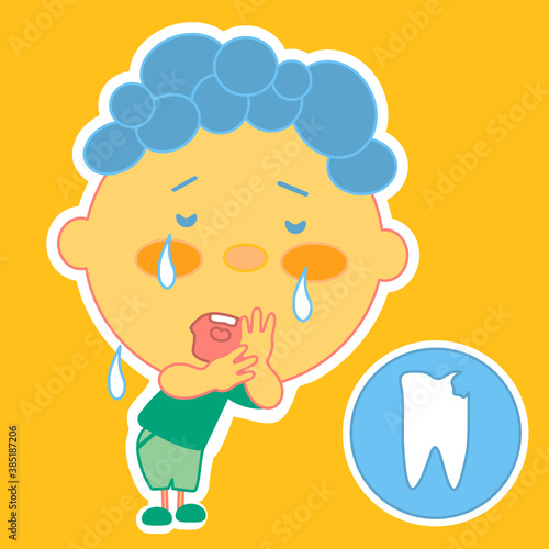 boy cries and holds her hand to her cheek because she has a toothache, color vector simple emoticon on a yellow isolated background