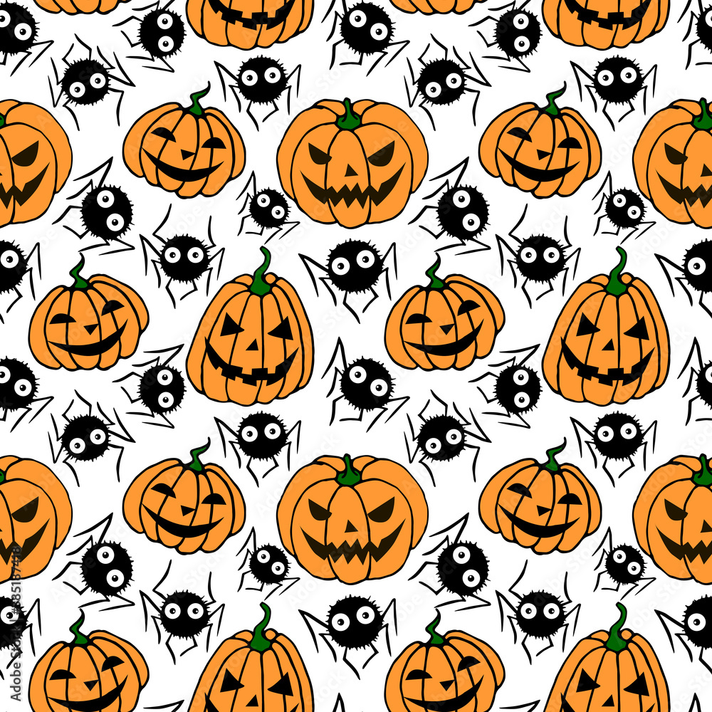 Seamless pattern with pumpkins, Jack lanterns, cute spiders, cobwebs. Vector backgrounds and textures for Halloween. Hand drawn illustration in flat doodle style, isolated Seamless pattern with pumpkins, Jack lanterns, cute spiders, cobwebs. Vector backgrounds and textures for Halloween. Hand drawn illustration in flat doodle style, isolated
