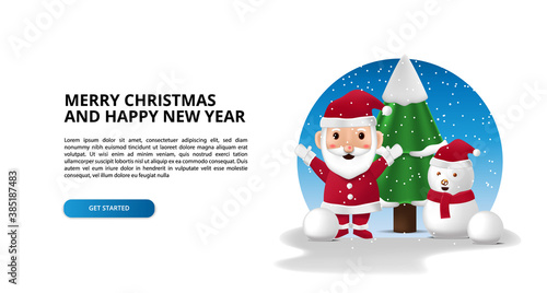 merry christmas and happy new year with cute 3d santa claus and fir tree and snowman