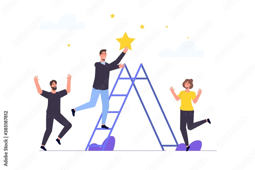 Fototapeta premium Businessman standing on stairs and reaches the star. Vector illustration.