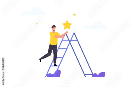 Businessman standing on stairs and reaches the star. Vector illustration.