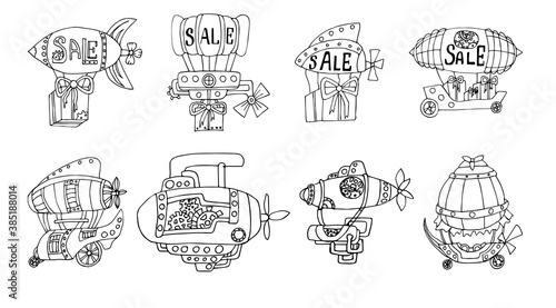Set of  8 vector linear airships in steampunk style with the inscription sale. Collection of fantastic flying cars in Doodle style. Isolated on a white background. Banner for sale.