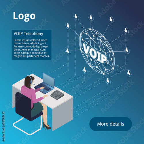 IP telephony configuration diagram in isometric view. An IP Company Website Page Template Demonstrating the Possibility of IP Telephony for Business - Calls from Anywhere in the World.