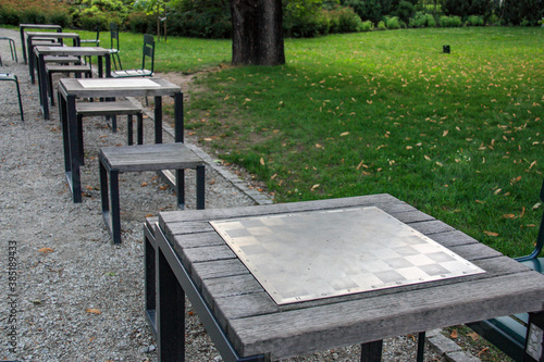 chess tables stand in the Park, summer day, Vilnius