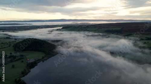 Fog over Pooley Bridge in the Lake District, aerial photo