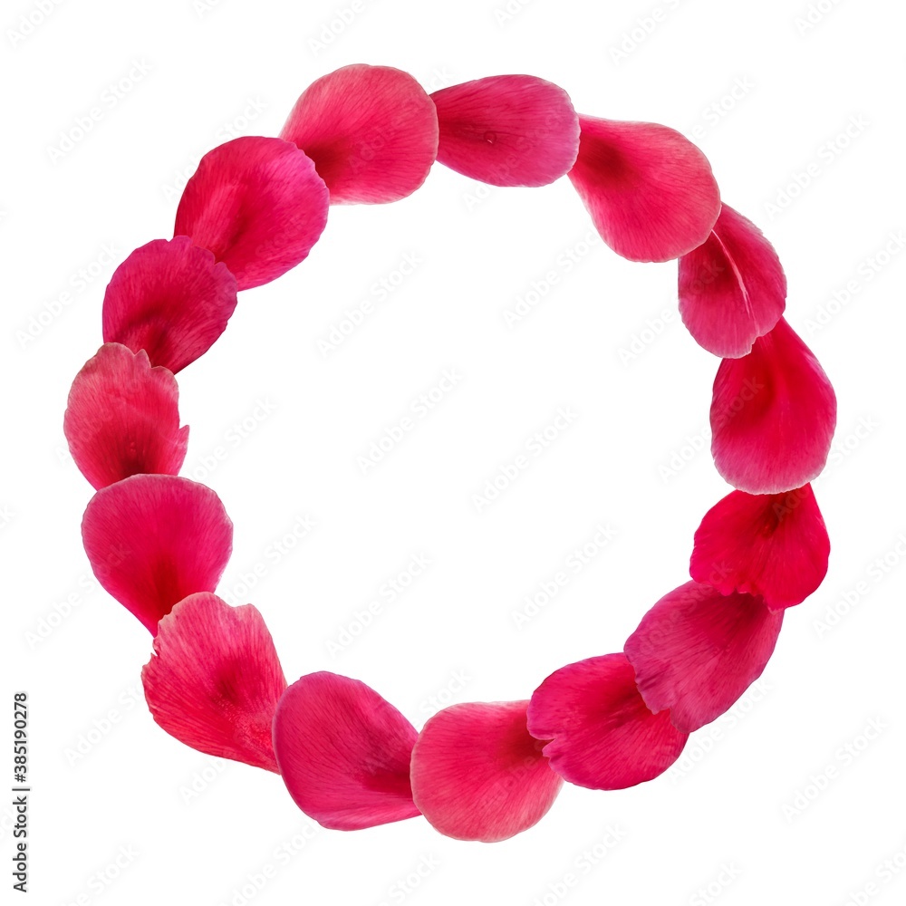 Round wreath of pink rose, peony and tulip petals. Blank template frame for design with copy space isolated on white background Round wreath of pink rose, peony and tulip petals. Blank template frame for design with copy space isolated on white background
