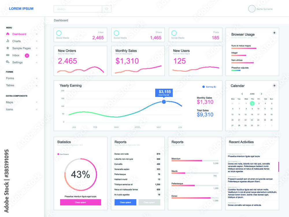 Dashboard user admin panel template design. Vector abstract modern web UI design Dashboard user admin panel template design. Vector abstract modern web UI design