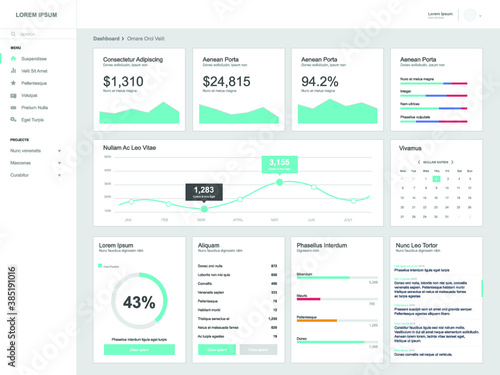 Dashboard user admin panel template design. Vector abstract modern web UI design