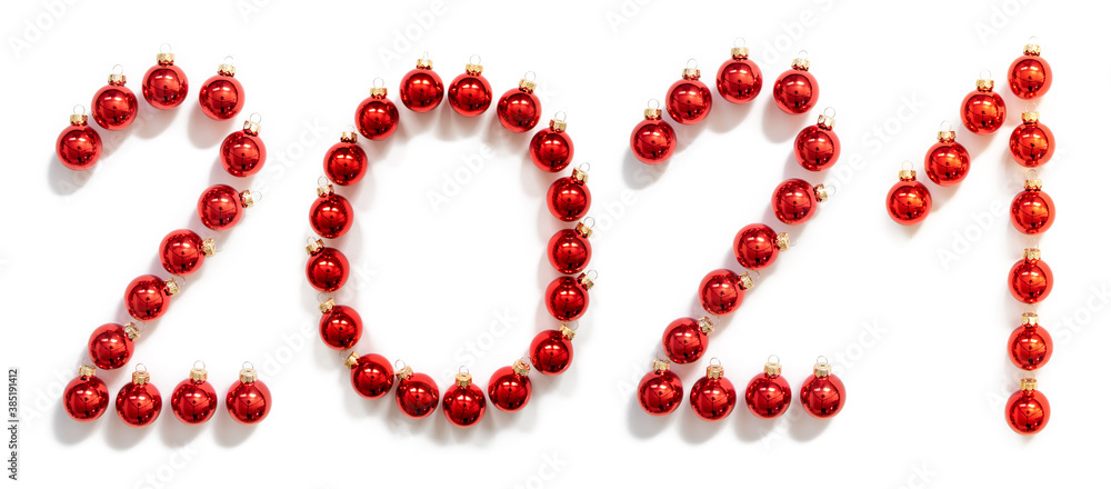 Red Christmas Ball Ornament Building 2021. Festive Christmas Decoration. White Isolated Background Red Christmas Ball Ornament Building 2021. Festive Christmas Decoration. White Isolated Background