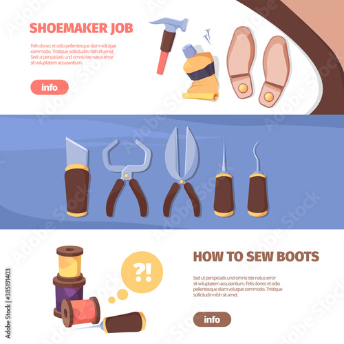 Shoemakers craft horizontal banner. Professional tools for shoe repair and sewing trendy leather suede colors with masterful design handmade custom orders brand models. Cartoon vector template.