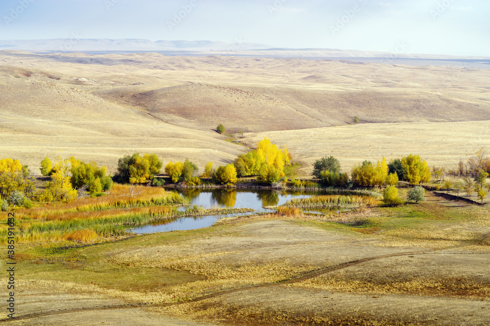 Fototapeta premium Autumn landscape with a pond on the steppe river. The picture was taken in Russia, in the Orenburg region