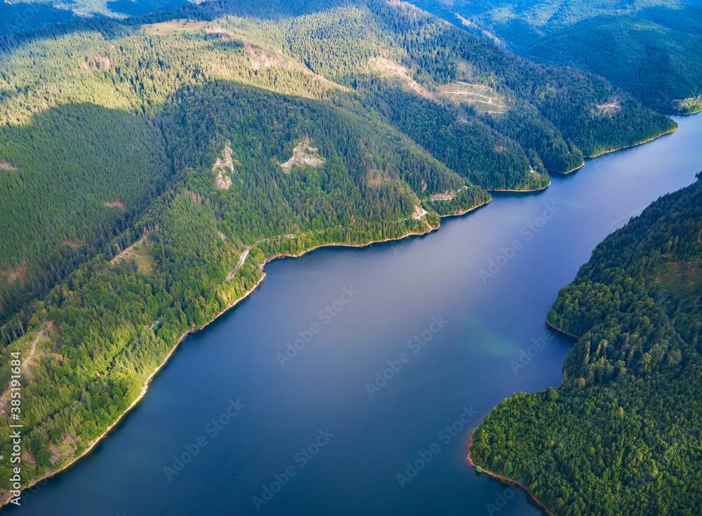 Aerial view over the forest and lake. View from drone. Aerial top view forest and blue lake. Transylvania, Romania
