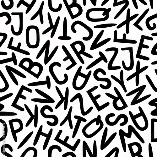  Vector seamless pattern with black English alphabet in handwriting on a white background. Modern haotic design. 