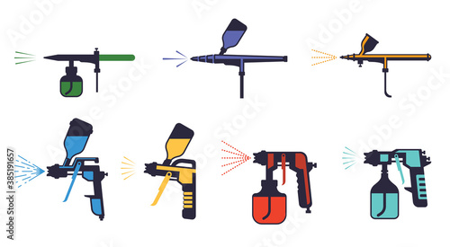 Paint pistols set. Sprayers airbrushing yellow red pulverizers with nozzles stylish wall art graffiti industrial and artistic painting compressor spraying green paint elements design. Vector color. photo
