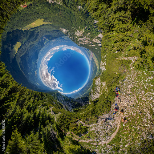 360 degree planet panorama aerial view over Piatra Craiului mountains peak in Transylvania, Romania
 photo