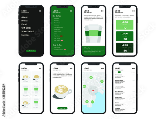 Modern coffee store app design. UI, UX Kit for responsive mobile app or website. Dashboard, user panel mobile app.