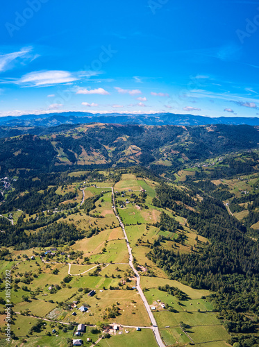 Beautiful rural area in the Apuseni mountains, Transylvania, Romania as seen from above with a drone. Aerial shot 