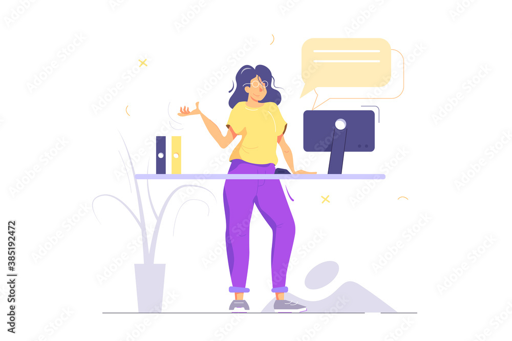 Girl in glasses standing at the table, working at the computer, bubble, folders, isolated on white background, flat vector illustration