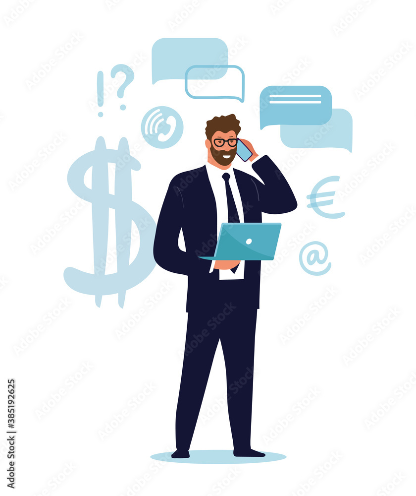 A businessman is standing with a laptop and talking on the phone. Concept illustration about business, career, investment. Cartoon vector illustration isolated on white background A businessman is standing with a laptop and talking on the phone. Concept illustration about business, career, investment. Cartoon vector illustration isolated on white background