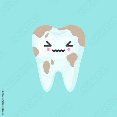 Dirty spoted tooth with emotional face, cute colorful vector icon illustration. Cartoon flat isolated image